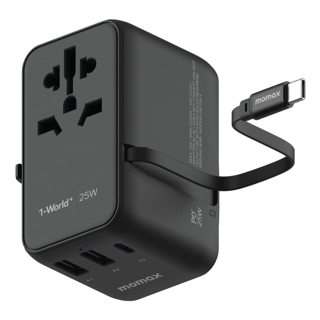 Momax 1-World+ 3-Ports Travel Charger with Built-In USB-C Cable (25W) - Black