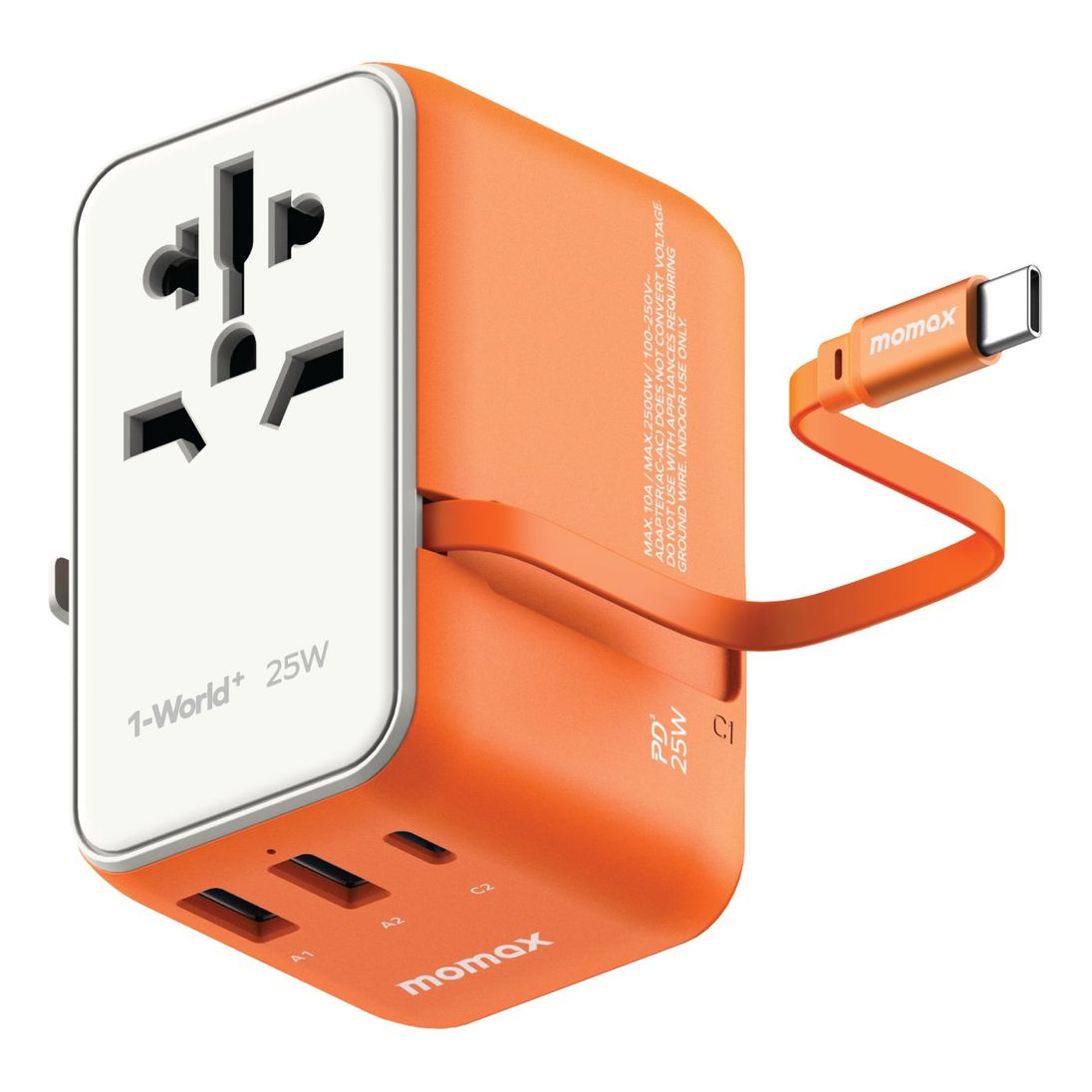 Momax 1-World+ 3-Ports Travel Charger with Built-In USB-C Cable (25W) - Orange