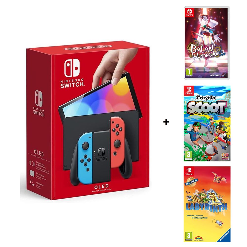 Nintendo Switch OLED Neon Console + Balan Wonderworld + Crayola Scoot + Ravensburger: Labyrinth (Bundle)