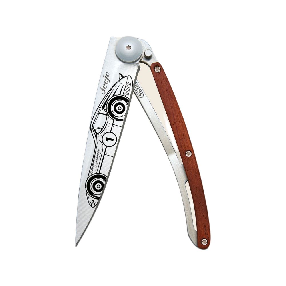 Deejo 37G Pocket Knife - Coral Wood/Racing Car (Grey)