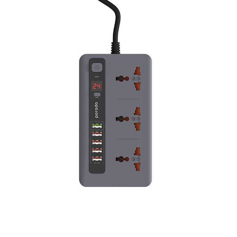 Porodo 4 USB Port 3.4A + 1 QC 3.0 with 3 Universal Power Sockets 10A Grey