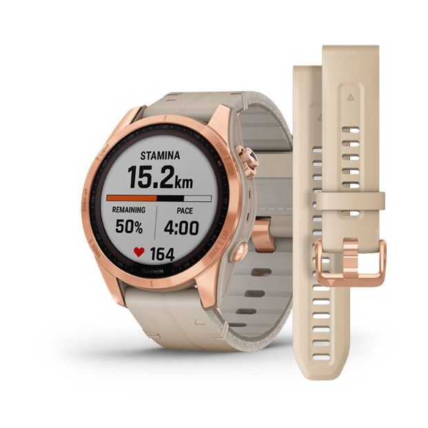 Garmin Fenix 7S Sapphire Solar 42Mm Rose Gold Titanium with Limestone Leather Band Smartwatch