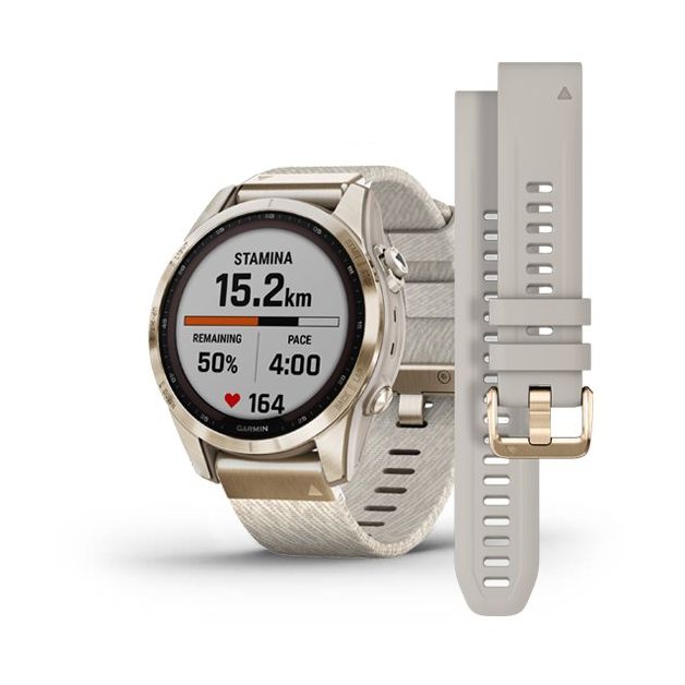 Garmin Fenix 7S Sapphire Solar 42Mm Cream Gold Titanium with Cream Heathered Nylon Band Smartwatch