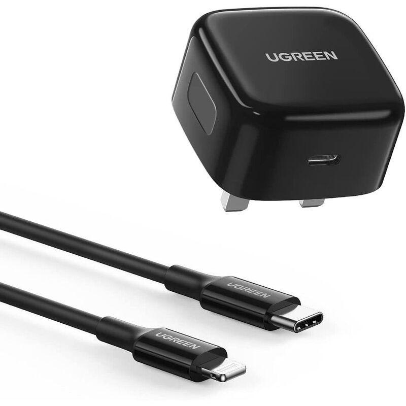UGreen 20W PD USB-C Fast Charger UK with USB-C to Lightning MFI Cable 1M - Black