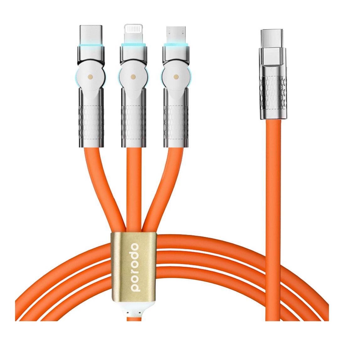 Porodo Multi-Connector Swivel Fast Charge Cable (Lightning/Type-C/Micro USB) 1.2m - Orange