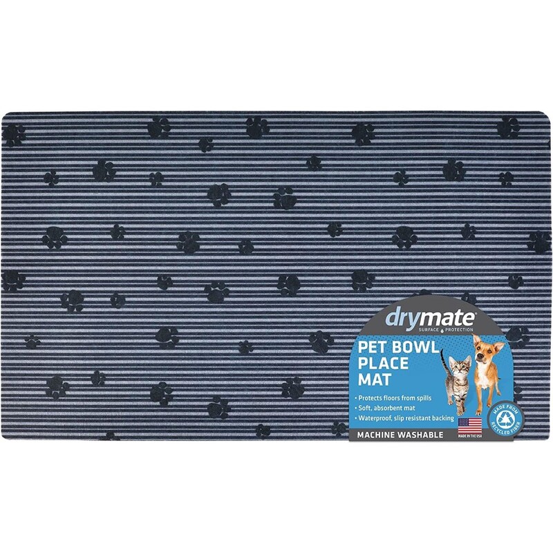 Drymate Pet Bowl Placemat - Grey Stripe / Black Paws - 28 x 36 inch/ 71 cm x 91 cm