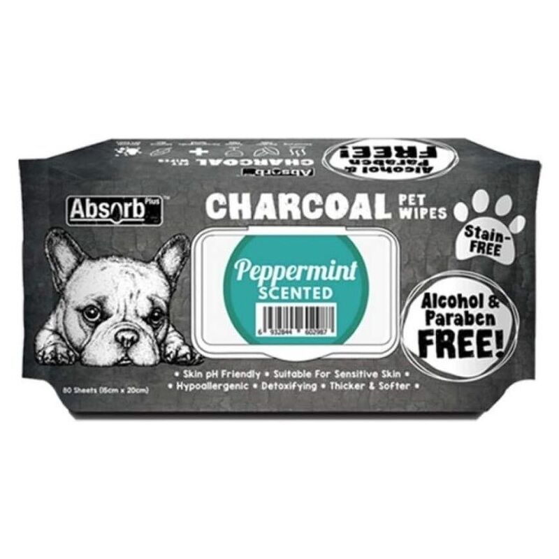 Absolute Pet Absorb Plus Charcoal Pet Wipes Peppermint 80 Sheets