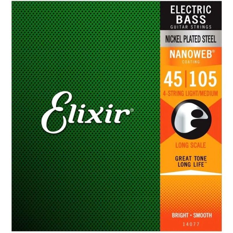 Elixir Strings 14077 Nanoweb Electric Bass Guitar Strings - .045-.105 Light/Medium Long Scale