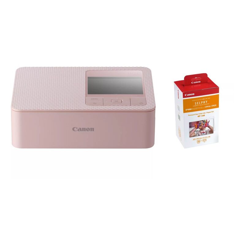 Canon SELPHY CP1500 Colour Portable Photo Printer - Pink + Canon RP-108 Colour Ink + 100 x 148 mm Paper Set - 108 Sheets (Bundle)