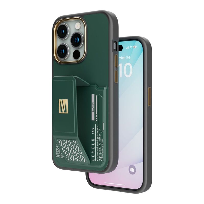 Levelo Morphix Grip-Stand Case with Built-In Card Slot for iPhone 15 Pro - Green