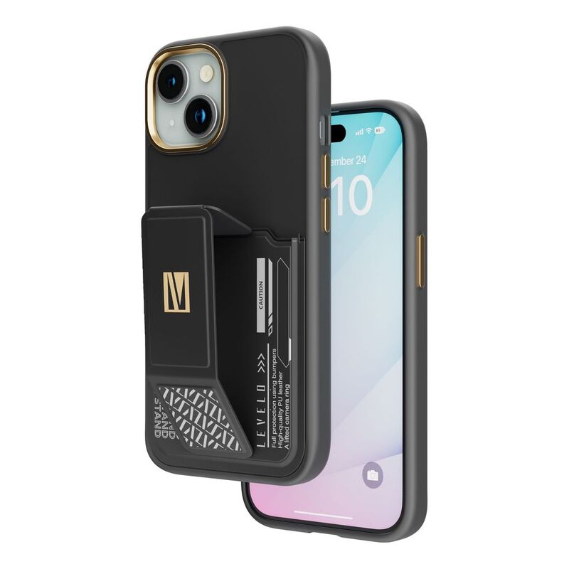 Levelo Morphix Grip-Stand Case with Built-In Card Slot for iPhone 15 Plus - Black
