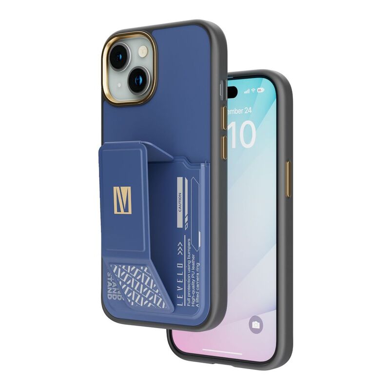 Levelo Morphix Grip-Stand Case with Built-In Card Slot for iPhone 15 - Blue