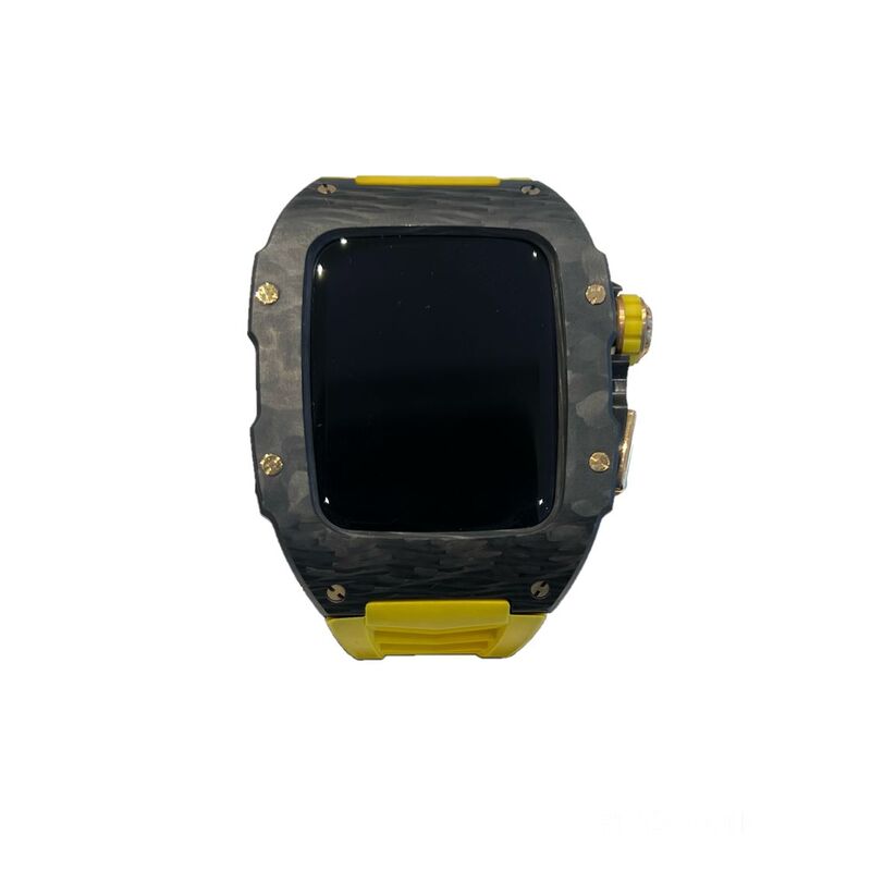 Mansa Design Custom Carbon Fibre Case For Apple Watch Series 9 - Black With Yellow Strap