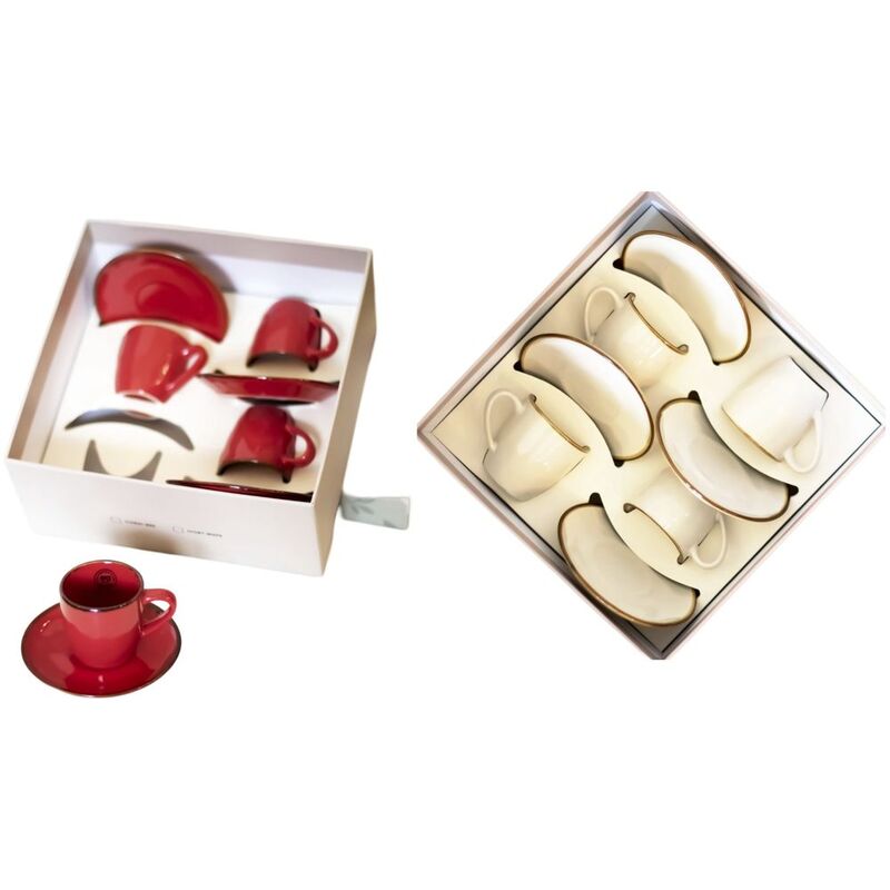 Rose & Tulipani Set of 4 Espresso Cups with Saucers - Coral / Ivory (Assorted Colors - Includes 1 Set)