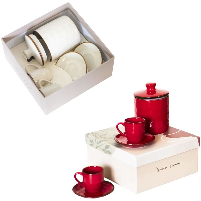 Rose & Tulipani Set of 2 Espresso Cups & Saucers with Jar - Coral / Ivory (Assorted Colors - Includes 1 Set)